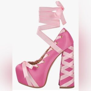 Ballet style pink bow ribbon platform high heel club party dance feminine cute 7